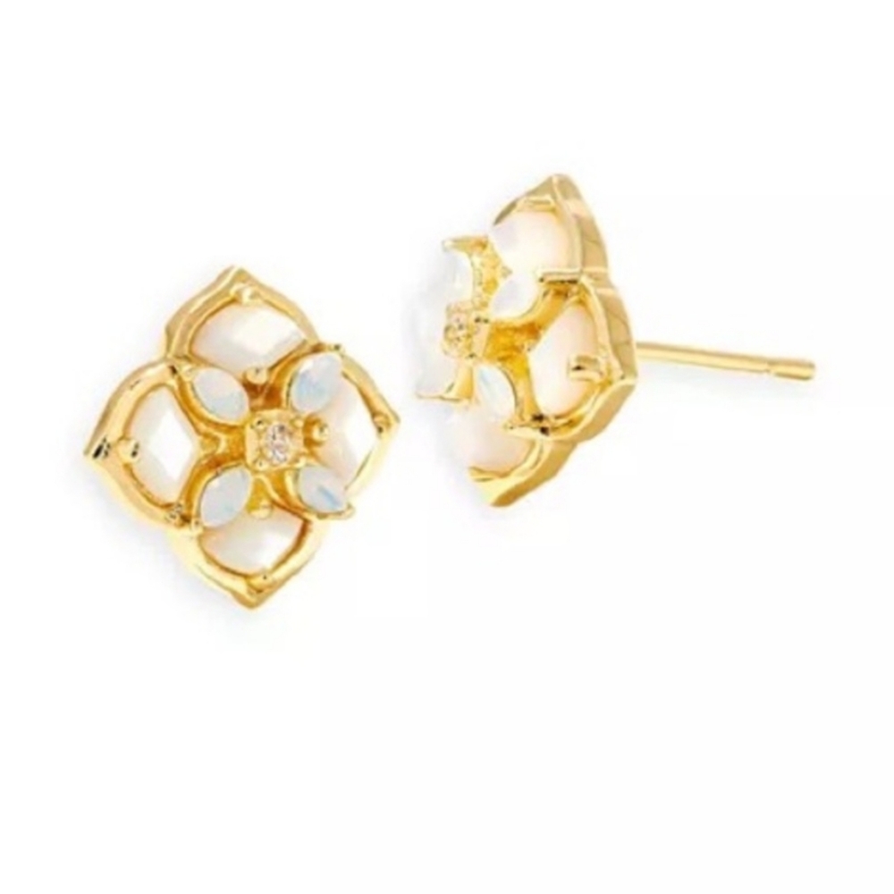 Kendra Scott Dira Stone Gold Stud Earrings, Mother of Pearl Ivory Mix Opal - Picture 2 of 8